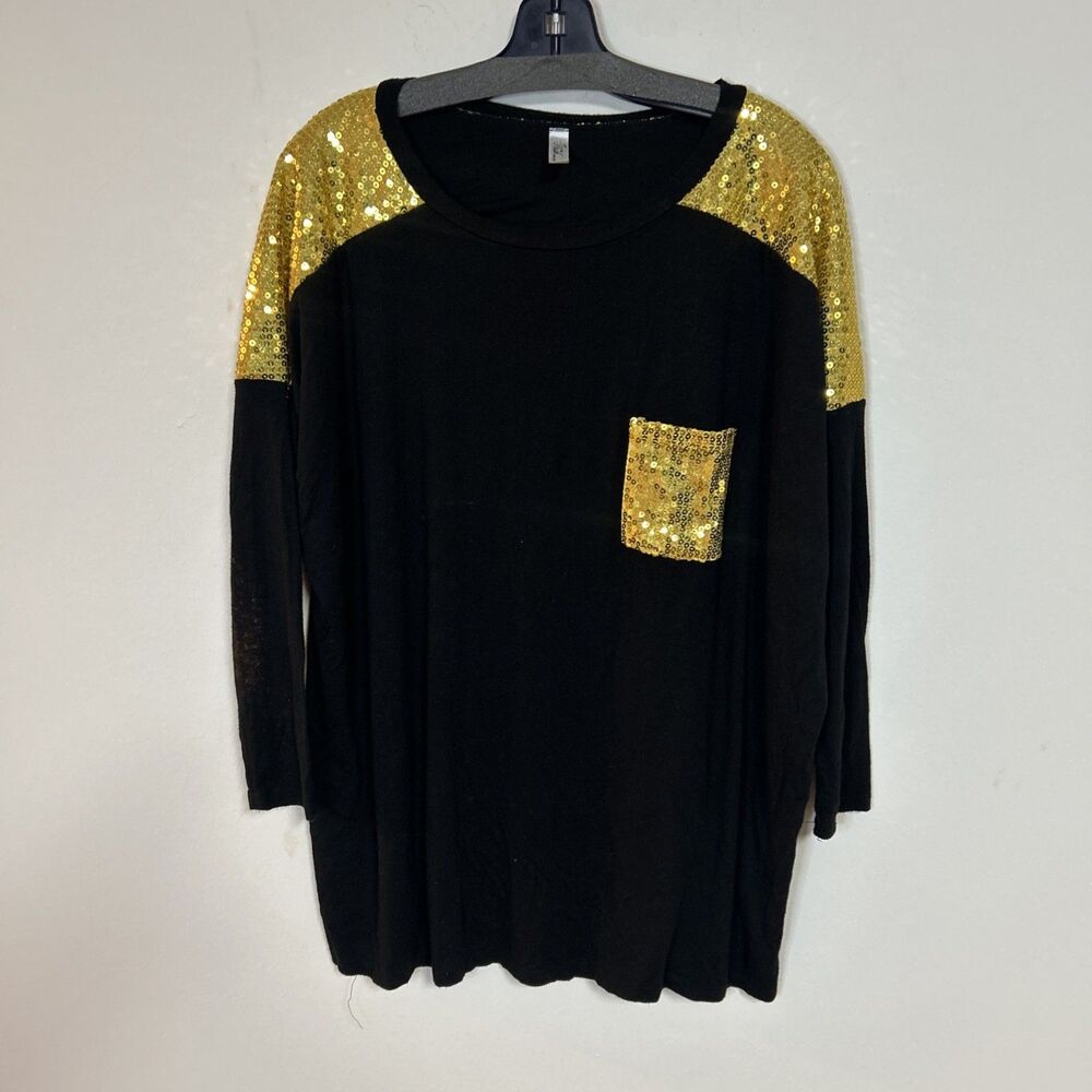 Posh Boutique Women’s 2X Black Top Gold Sequin Pocket Sleeve Casual Glam